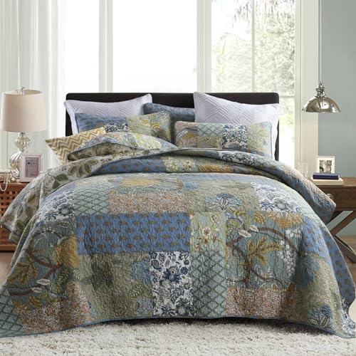 Secgo King Size Sage Green Cotton Comforter Set with 2 Shams - Reversible Patchwork Bedding (98x106 inches)