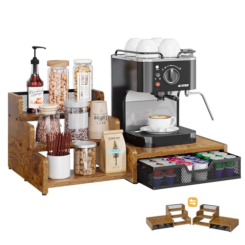 Coffee Station Organizer with K Cup Holder - Rustic Brown, 28 Pod Capacity, 3-Tier Syrup Rack