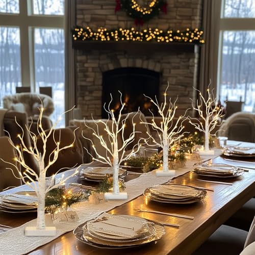 PABIPABI White Birch LED Tree Set of 4 with 24 Lights, 1ft 10in Each | Timer