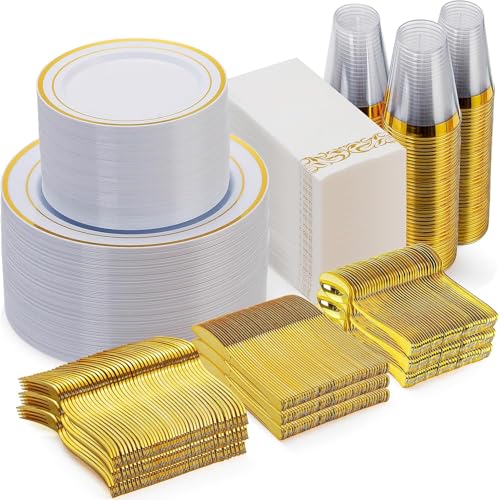 Goodluck Gold Disposable Dinnerware Set for 100 Guests - 700 Pieces