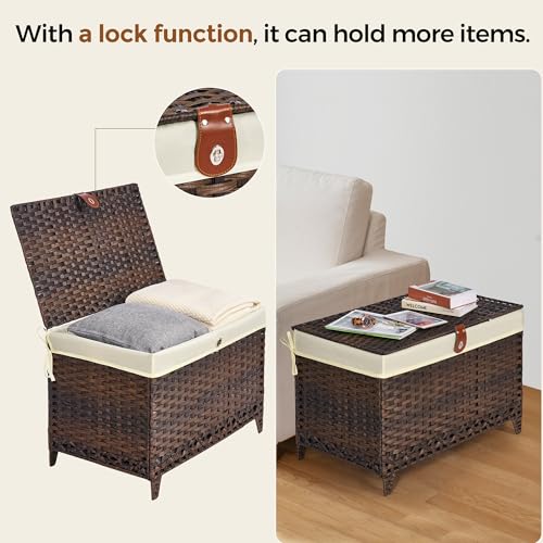 Honjourai 160L Wicker Storage Basket with Lid & Removable Liner - Brown