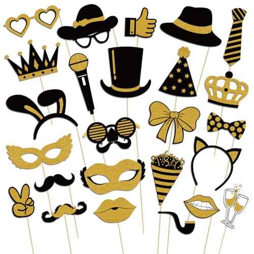 Photo Booth Props, Kaluofan 25PCS Black and Gold Party Decorations, Funny Photo Party Props Accessories for Adults and Kids, Photo Booth Props for Wedding Birthday Christmas New Year¡®s Eve