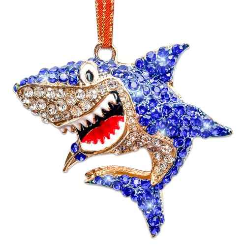 Shark Christmas Ornament Metal Shark Ornament for Christmas Tree Rhinestone Shark Christmas Ornament Hanging Shark Ornament for Home Christmas Party Gifts for Girls Woman Ocean Animal Lover