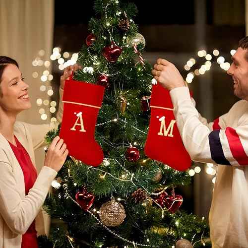 Personalized Christmas Stockings with Initials, 20 Inches Large Red Velvet Embroidered Monogram Xmas Stocking for Family Holiday Party Gifts Fireplace Decor(Letter J)