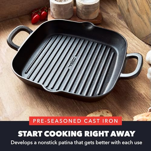 11-Inch Square Cast Iron Grill Pan - Pre-Seasoned Non-Stick Cookware with High Ridges