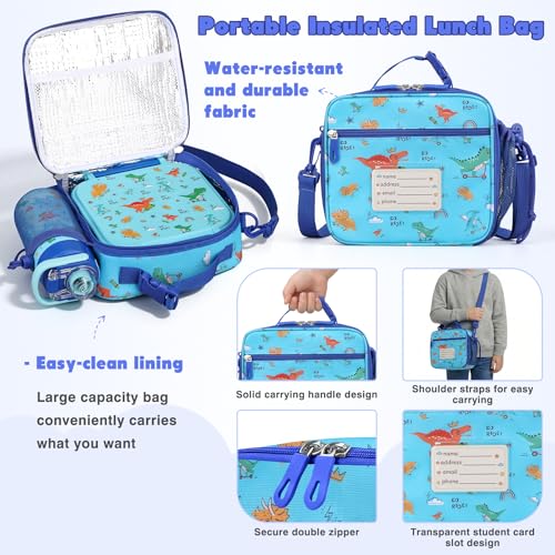 Zeekala Kids Bento Lunch Box Set with Insulated Soup Thermo & Water Bottle - Blue Dinosaur