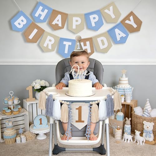First Birthday Decorations for Boy Blue Khaki White Banner & Party Set