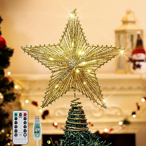 Roylvan 9.84in Christmas Tree Topper Gold with 8 Lighting Modes USB Powered