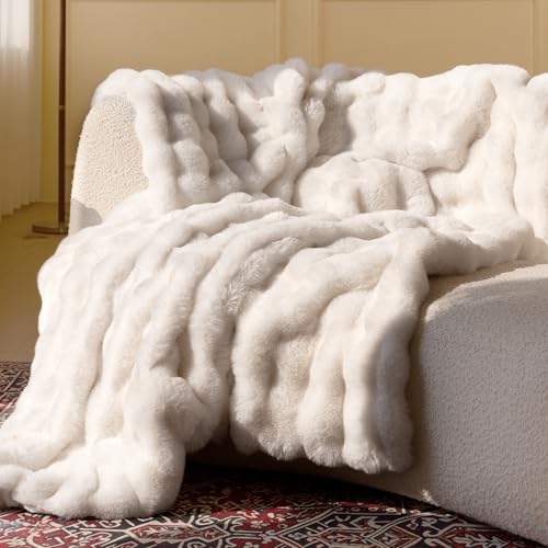 Ultra Soft Cozy Faux Fur Throw Blanket, Fuzzy Plush Thick Bubble