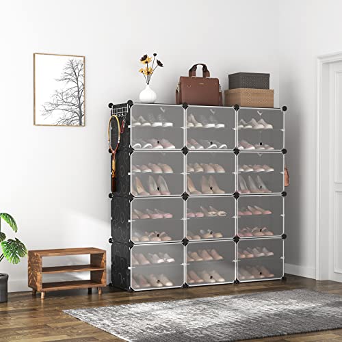 Portable 8-Tier Shoe Cabinet - Black, 48 Pairs Capacity, Space Saving Shoe Organizer with Hooks