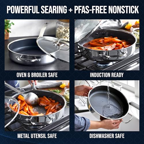 4QT Nonstick Stainless Steel Saute Pan with Glass Lid - Diamond Bond Hybrid, Induction Ready, Dishwasher Safe