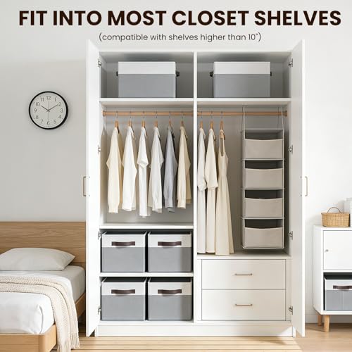 Criusia Large Storage Baskets 8 Pack - White with Grey, 14x10x9.5 Inches Closet Organizers