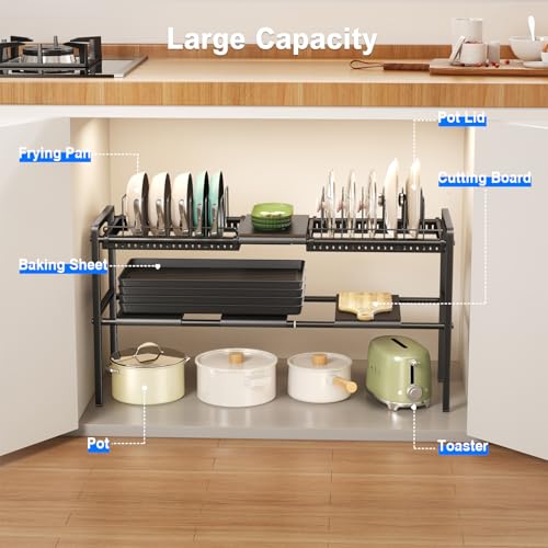 Mustorn Expandable 2-Tier Under Sink Pot and Pan Organizer with 4 Panels & 2 Racks