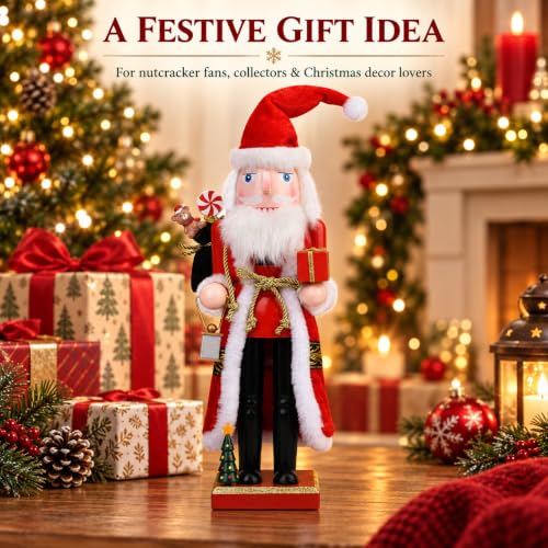 15-Inch Wooden Santa Nutcracker with Gift Sack and Lantern