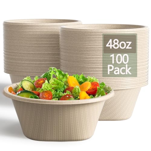 Heavy Duty 48oz Disposable Paper Bowls - Eco-Friendly Compostable Salad Bowls, 100 Pack, Natural Variation