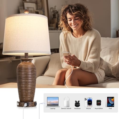CINSARY 25-Inch Walnut Brown Farmhouse Jar Table Lamps Set of 2 with Touch Control & USB Ports