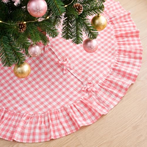 Pink Gingham Christmas Tree Skirt 24 Inch with Ruffle - Farmhouse Holiday Decor