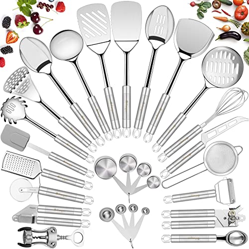Stainless Steel Kitchen Utensil Set - 28 Pcs Cooking Tools with Color Variation