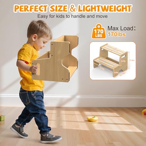 Wooden Toddler Step Stool 2-Pack Anti-Slip Potty Training Aid for Kids - Safe & Portable