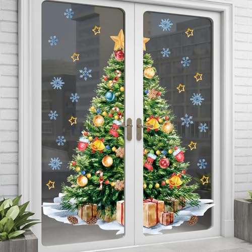 72pcs Large Christmas Tree Decals Removable Step 2 My First Christmas Tree Wall Decal Xmas Balls Snowflake Ornaments Flat Xmas Trees Window Clings Christmas Trees Decal Gift for Nursery Classroom