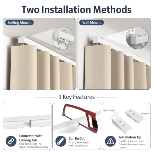 Silent Ceiling Curtain Track 9-12ft Heavy Duty Aluminum Room Divider Rail with Hooks & Clips - White Variation 9ft-12ft