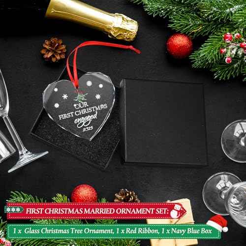 Thyle Engagement Gifts for Couples 2025 Heart Shaped Mistletoe Pattern Crystal Just Married Ornaments First Christmas Engaged Ornament for Newly Engaged Couples and Fiance Gifts for Women