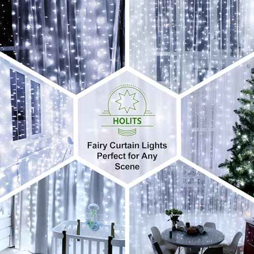 300 LED Fairy Curtain Lights, 9.8 x 9.8FT Cold White USB Plug in 8 Modes String Hanging Lights with Remote for Christmas, Bedroom, Indoor, Outdoor, Weddings, Party (Cold White)