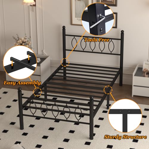 Twin Metal Platform Bed Frame with Headboard - 14 Inch Under Bed Storage - Easy Assembly, No Box Spring Needed - Black - Variation: Twin