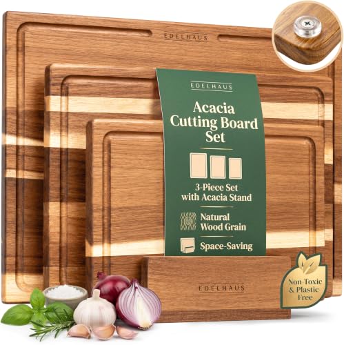 EDELHAUS Acacia Wood Cutting Boards Set of 3 with Juice Groove & Non-Slip Feet — Single-Sided