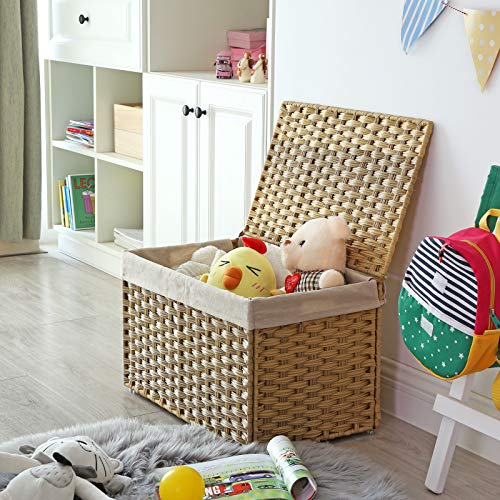 SONGMICS 65L Woven Storage Basket with Lid, Foldable Laundry & Organization Bin
