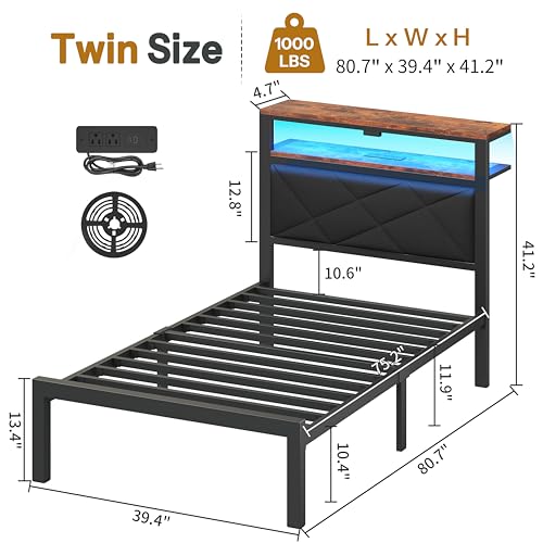 Black Twin Size Bed Frame with RGB LED Lights, 2-Tier Shelf & Charging Station