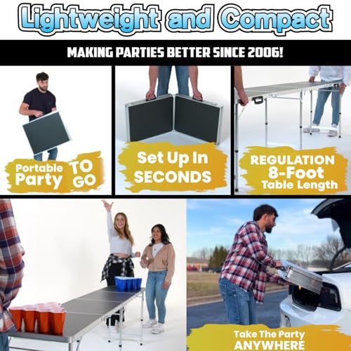 PARTYPONG 8-Foot Folding Table with Cup Holes & LED Lights - Black, Base Model