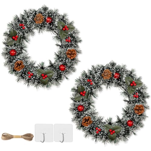 2 Pack Christmas Wreaths 13.8in Front Door with Rope & Hooks, Red Berries & Pinecones