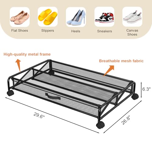 KOSIWU 2 Pack Under Bed Shoe Storage Containers with Wheels & Breathable Mesh