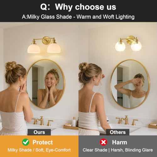 Vintage Milk Glass Bathroom Light Fixtures - Gold 2-Light Vanity Lamp - Anti-Rust Bathroom Wall Sconce - Easy Install