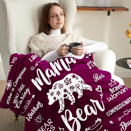 Mama Bear Blanket for Mom - Soft Flannel Gift from Daughter Son, Mother's Day, Birthday, Wives, 50x60 Inch with Loving Quotes