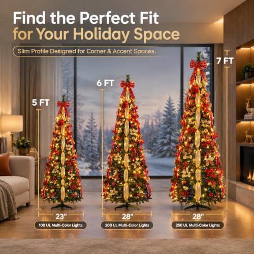 Skasii 5FT Red Pop Up Christmas Tree with LED Lights, Fully Pre-Decorated