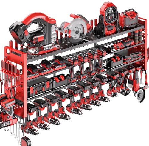 Red 49.8-inch Power Tool Organizer Wall Mount for 18 Cordless Drills - 4 Layers