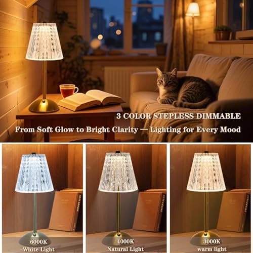 Rechargeable Touch Dimming Table Lamp - Large Gold Crystal Style - 2 Pack