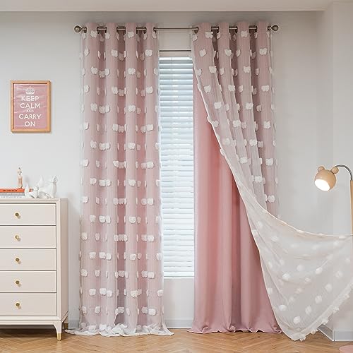Pink Nursery Curtains Set - Blush Pink Double Layer Blackout Sheer Pom Pom Window Drapes, 52x84 Inches, Pack of 2