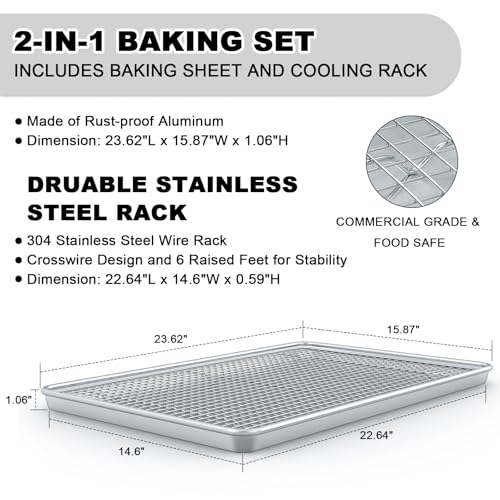 EWFEN 24 Inch Heavy Aluminum Baking Sheet Pan with Rack Set - Nonstick Cookie & Roast Tray