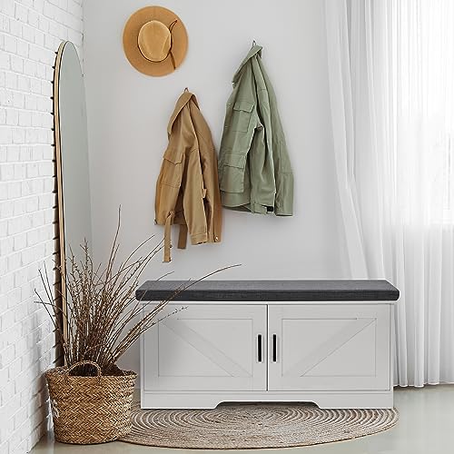 White Farmhouse Shoe Storage Bench with Barn Doors & Padded Seat Cushion – 39.4" Wide