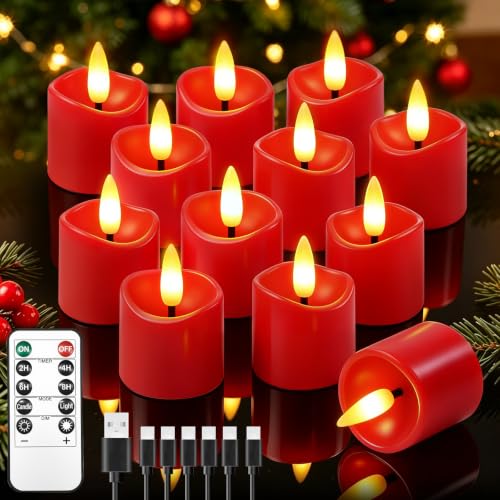 NVJGROP 12 Pack Red Rechargeable Flameless Candles with Remote Timer
