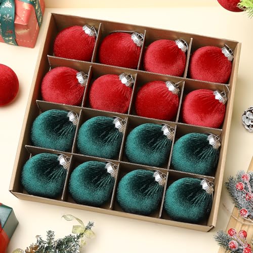 Afniimyapt 3.14 Inch Velvet Christmas Balls Set 16 Pcs Red & Green Holiday Ornaments