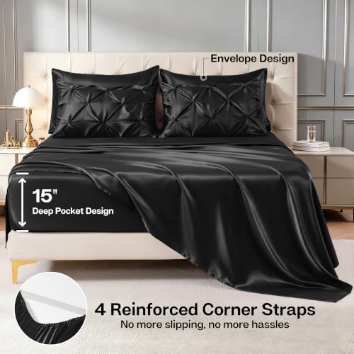 MR&HM Satin Queen Comforter Set Black 7-Piece Bed in a Bag - Pinch Pleat Luxury