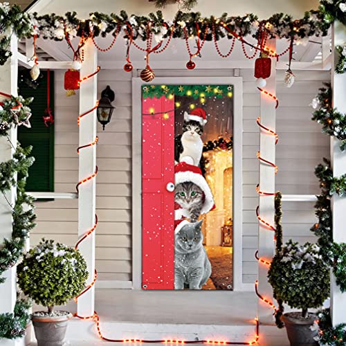 Funny Cats Christmas Door Banner - Santa Cats Decoration 6.6 x 3 ft