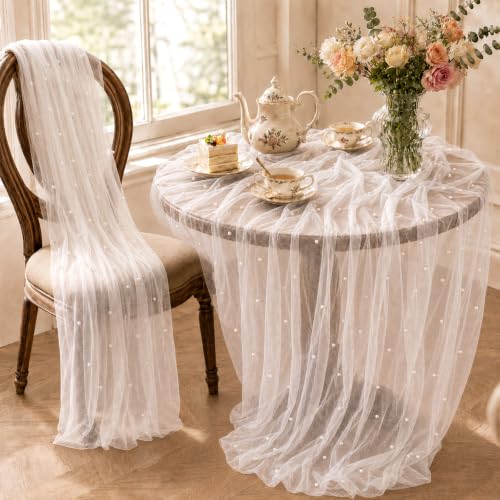 4 Pcs Pearl White Tulle Table Runners 29x72in for Weddings - APUDWN