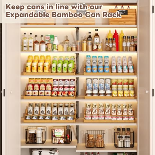 Expandable Bamboo Can Organizer for Pantry - 3-Tier Canned Food Storage