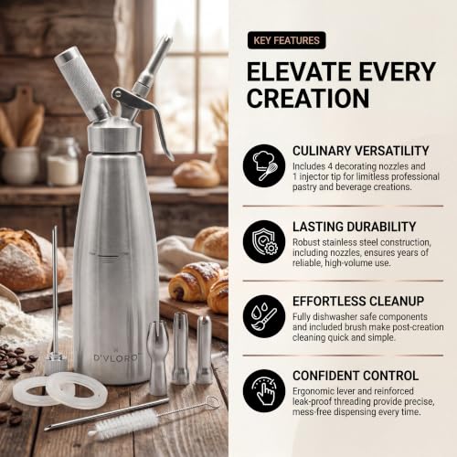 D'VLORO 34 oz Stainless Steel Whipped Cream Dispenser with 5 Nozzles & Replacement Gaskets