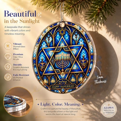 NELXI HappyHanukkahOrnament: Stained Glass Round Blue & Gold Acrylic Ornament - 4in